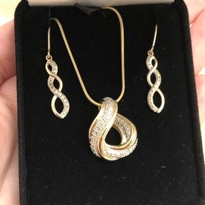 925 Sterling Silver Vermeil Gold Genuine Diamond Necklace and Earrings